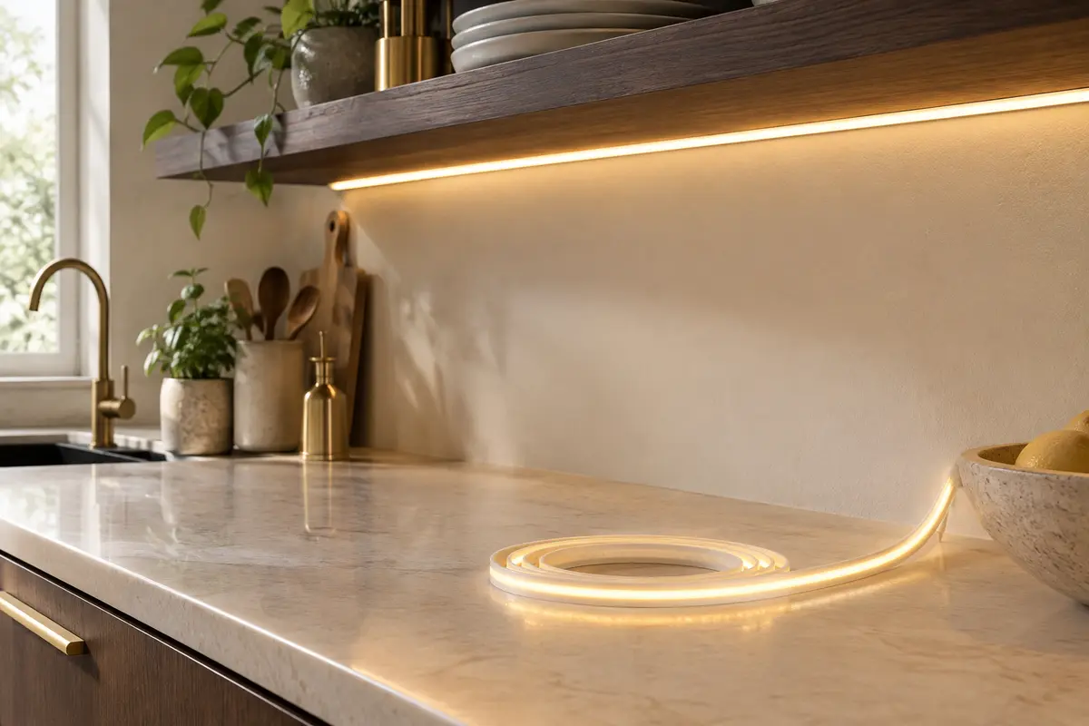 Ruban LED COB souple en silicone, installé sous une étagère et diffusant une lumière blanc chaud.