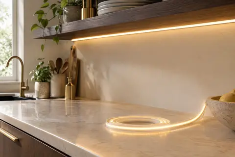 Ruban LED COB souple en silicone, installé sous une étagère et diffusant une lumière blanc chaud.
