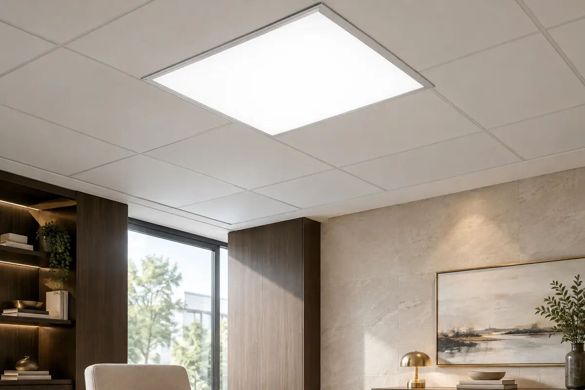Panneau LED carré à diffuseur opale intégré dans un plafond modulaire, éclairant uniformément une pièce