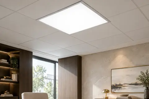 Panneau LED carré à diffuseur opale intégré dans un plafond modulaire, éclairant uniformément une pièce