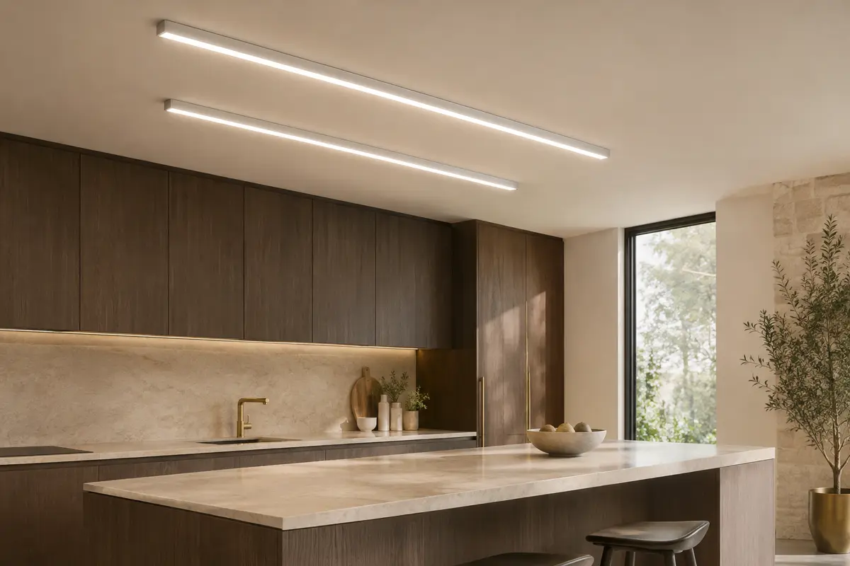 Deux réglettes LED fines à diffuseur opale éclairent un intérieur aux murs ivoire et au bois fumé.