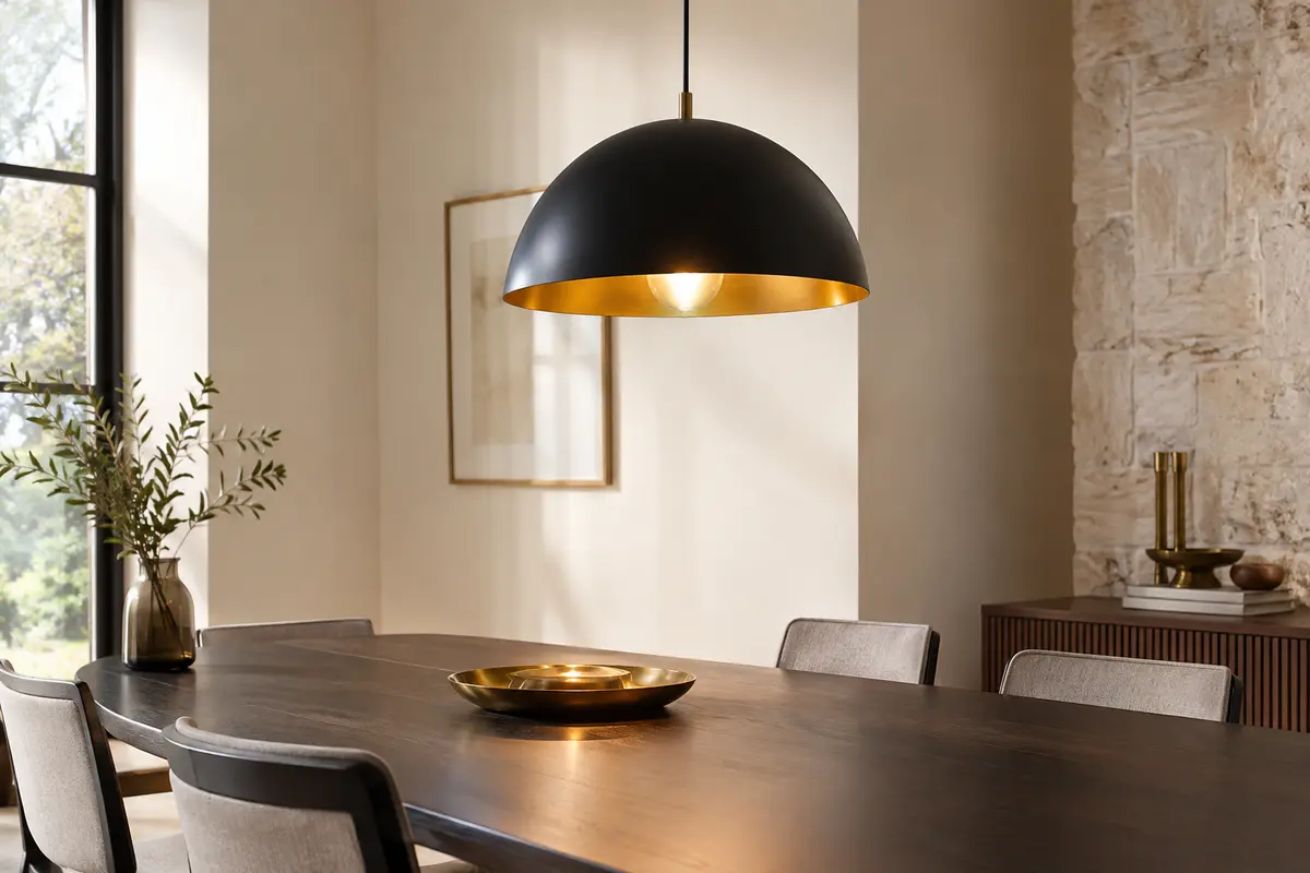 Suspension LEDSone en métal, dôme noir à intérieur doré, installée au-dessus d’une table en bois