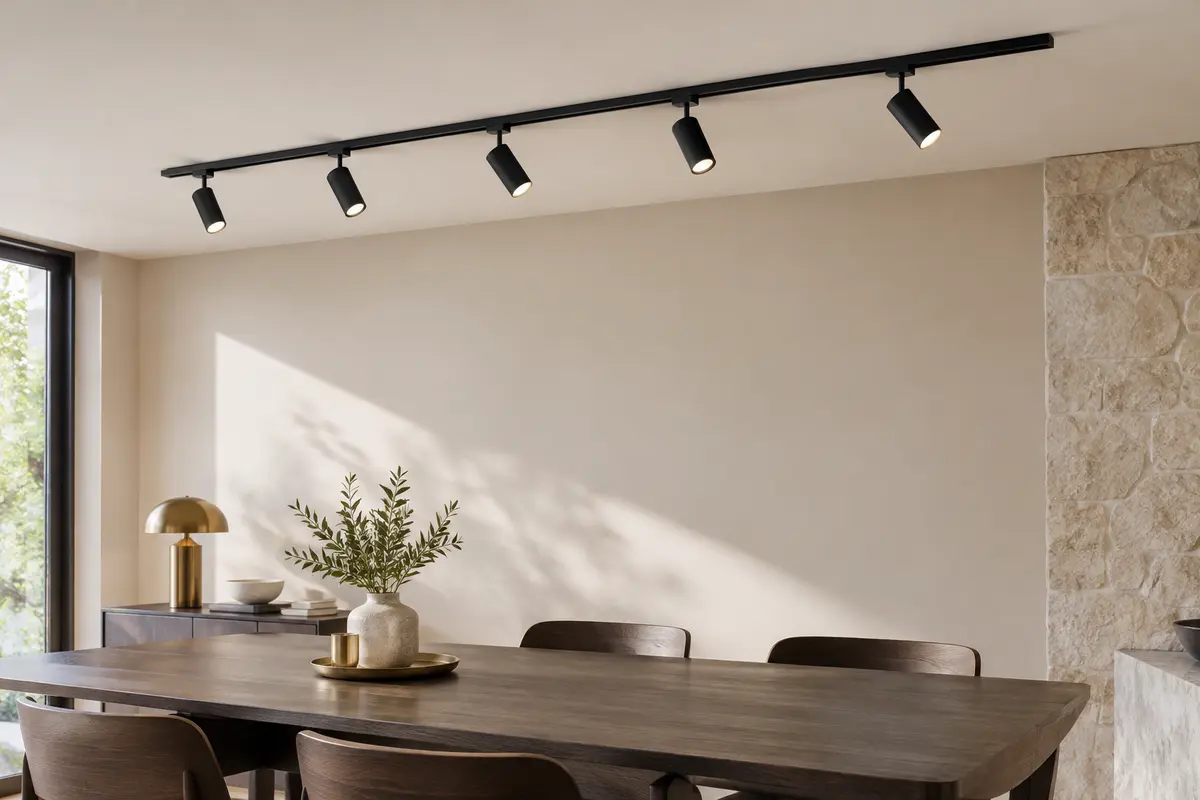Rail noir en aluminium de 3 m avec six spots GU10 orientables installé au plafond d’une pièce de vie.