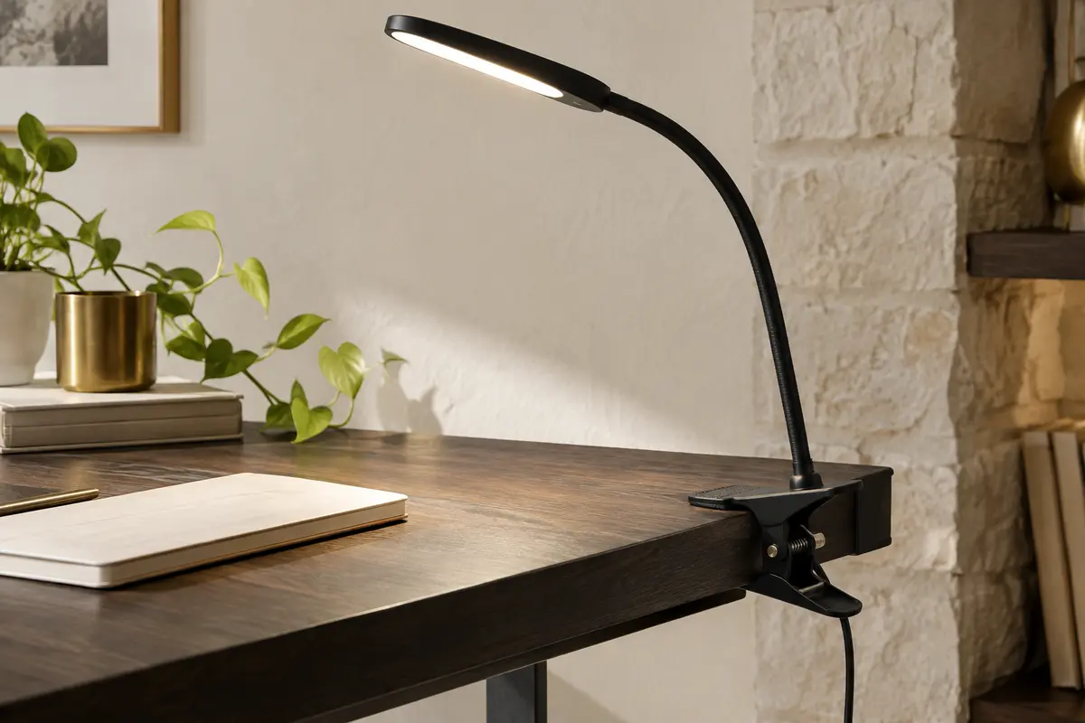 Lampe de bureau LED noire fixée par pince, avec col flexible orienté au-dessus d’un bureau.