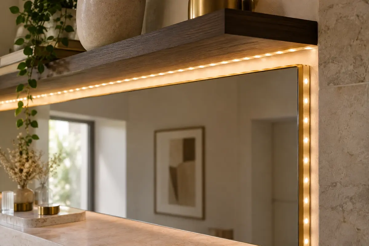 Ruban LED souple posé sous une étagère en bois et diffusant une lumière blanc chaud
