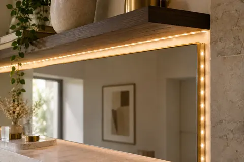 Ruban LED souple posé sous une étagère en bois et diffusant une lumière blanc chaud