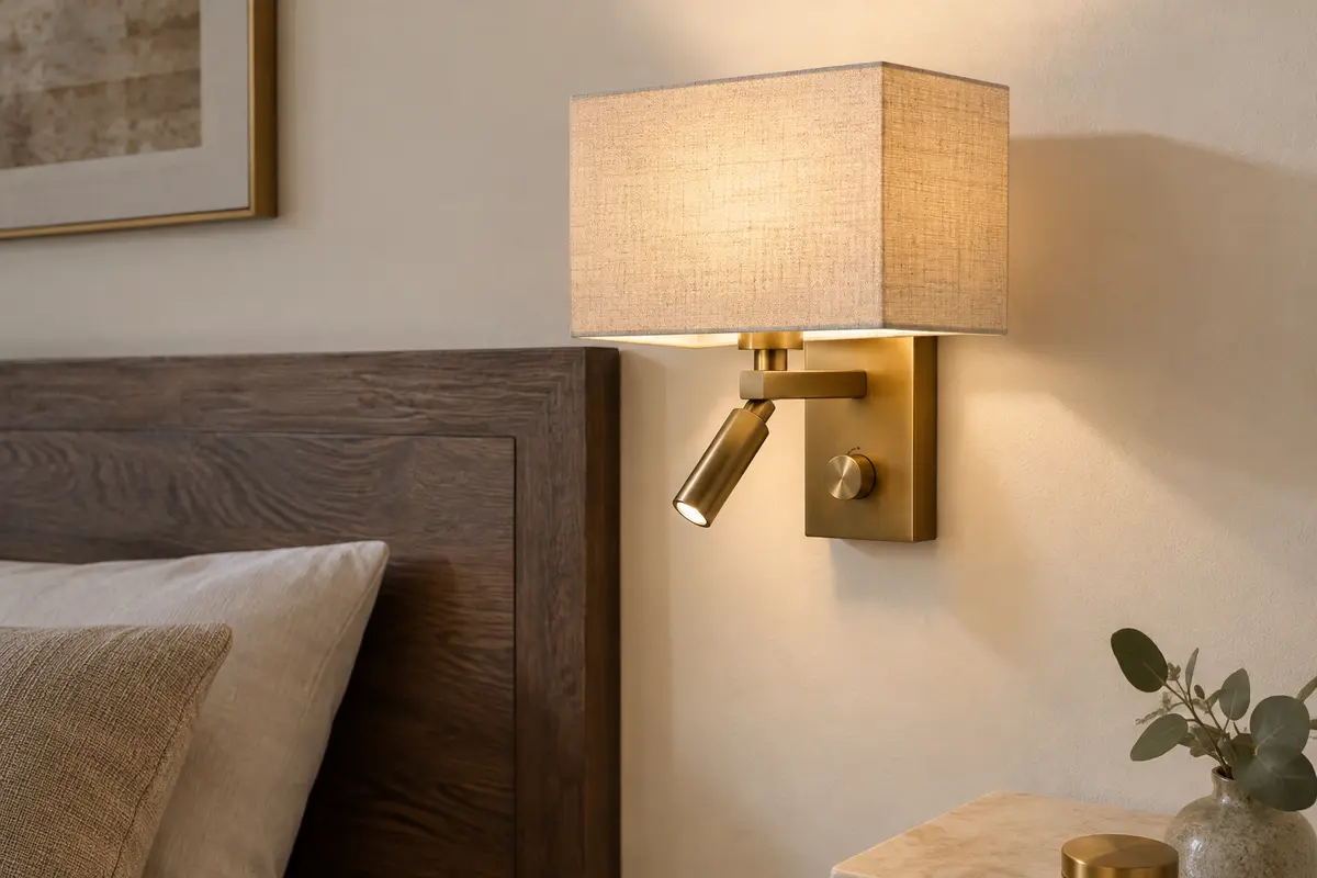 Applique murale dorée à abat-jour en lin beige, orientable et installée près d’un lit