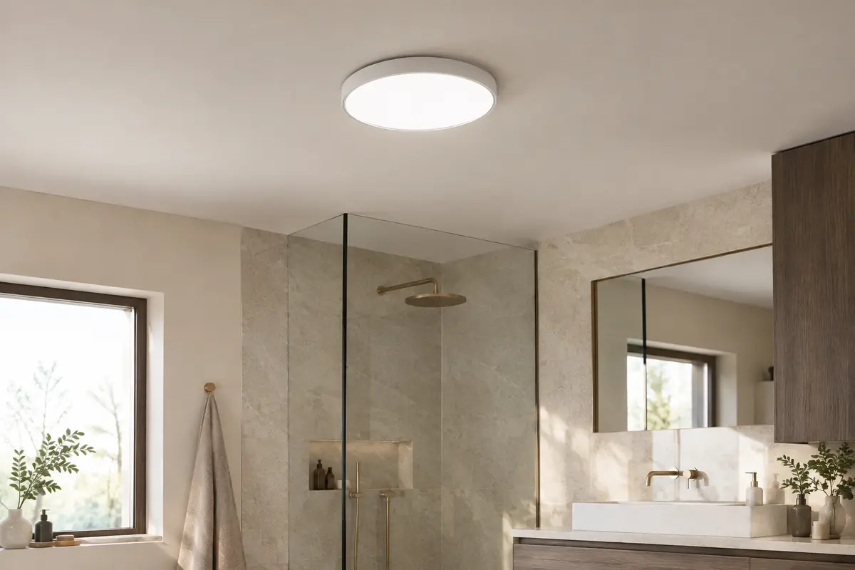 Plafonnier LED blanc ultra-plat de 22 cm installé au plafond d’une salle de bains claire