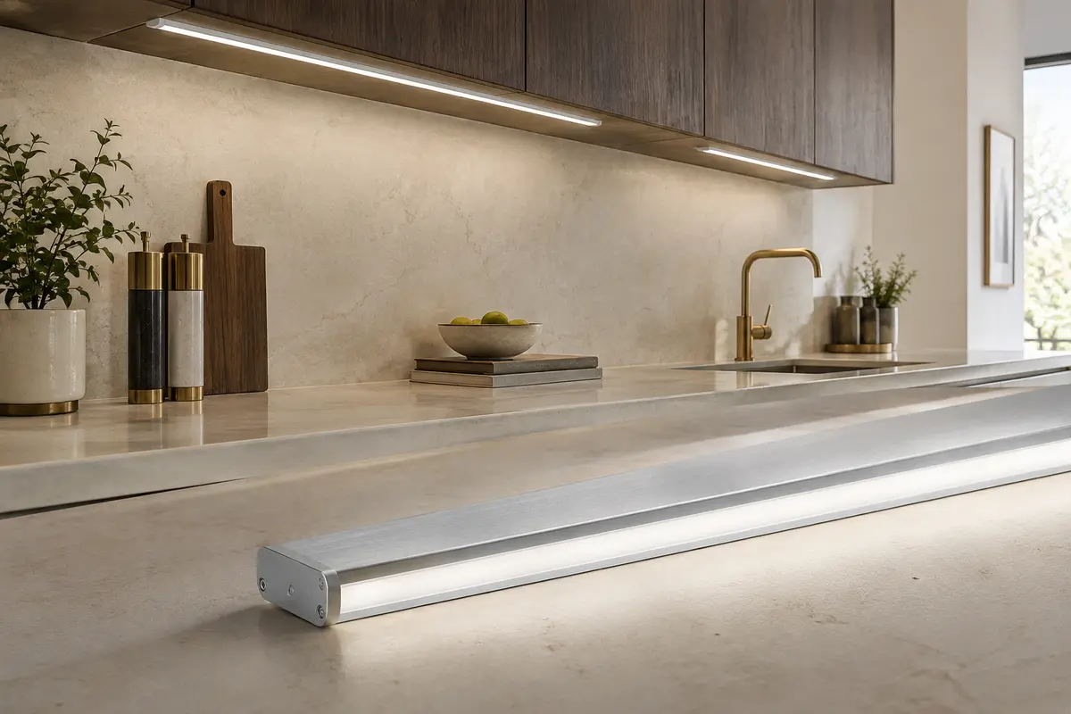 Deux réglettes LED argentées sous un meuble de cuisine, dont une allumée au-dessus du plan de travail