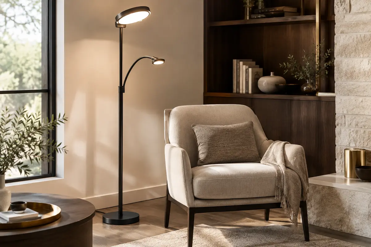 Lampadaire LED noir avec tête principale orientable et liseuse flexible près d’un fauteuil