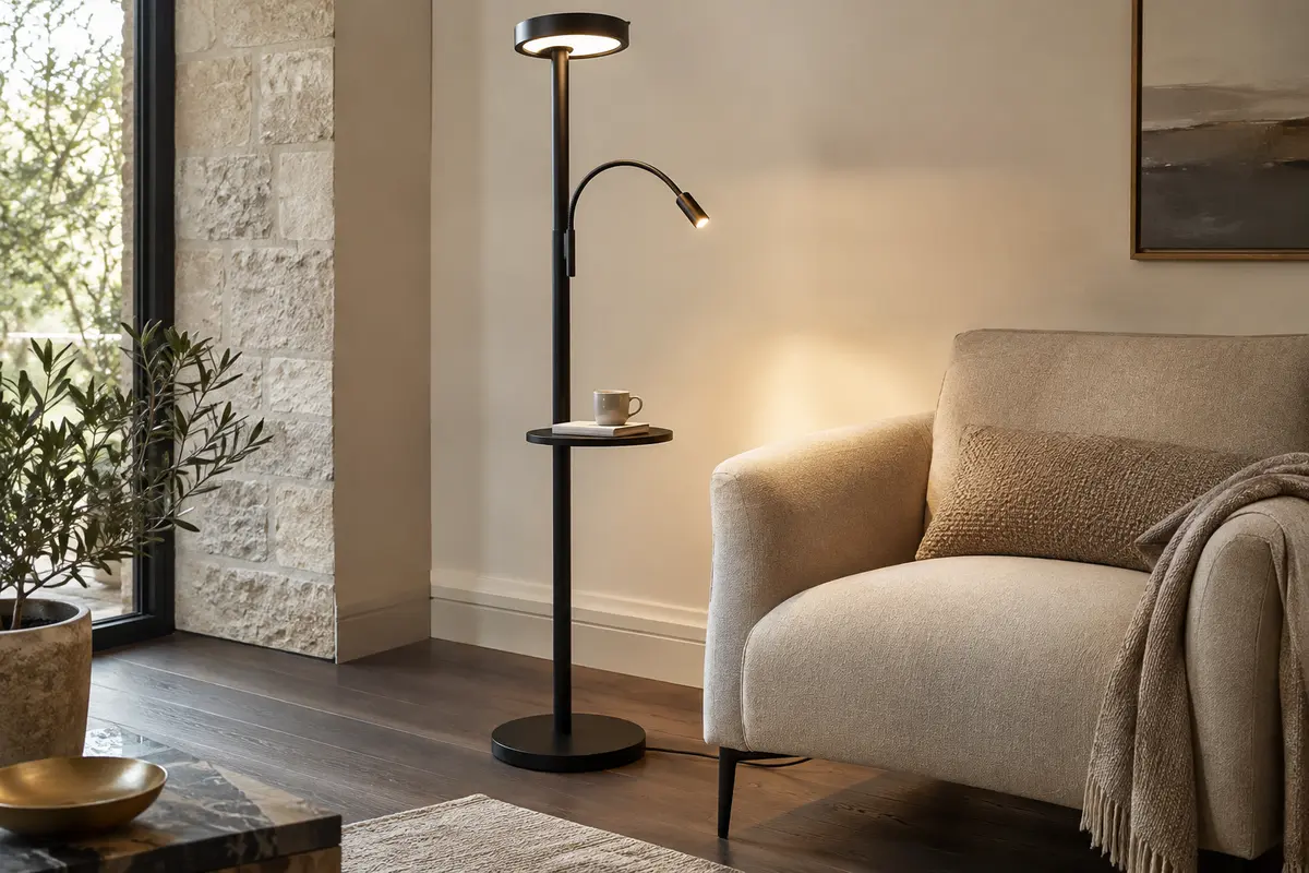 Lampadaire noir à tête ronde avec liseuse flexible et tablette intégrée près d’un fauteuil