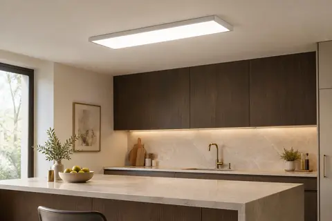Panneau LED rectangulaire de plafond en surface, éclairant une cuisine aux murs ivoire et au bois fumé.