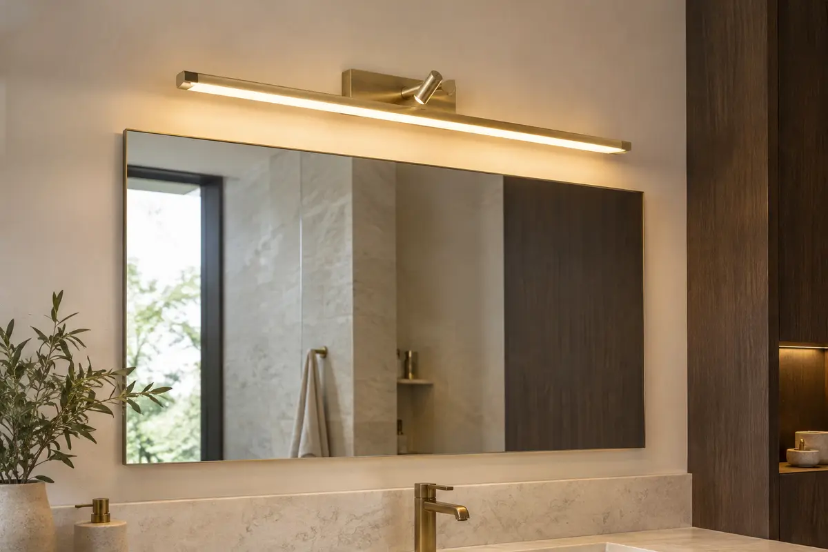 Applique LED allongée en laiton mat orientée au-dessus d’un miroir de salle de bains.