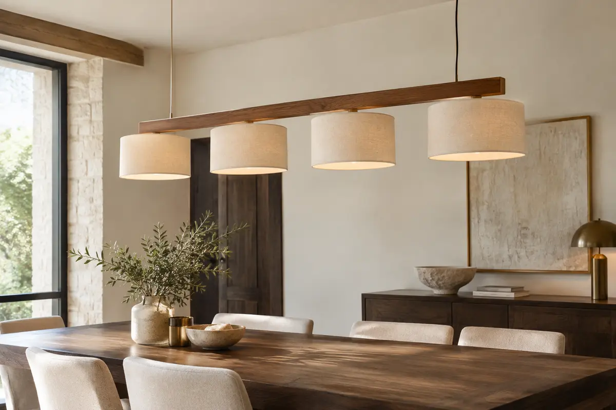 Suspension en bois et tissu beige installée au-dessus d’une table dans une salle à manger lumineuse.