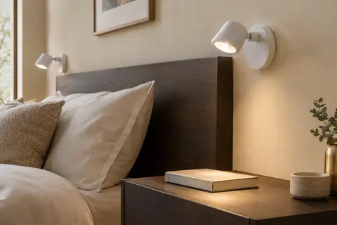 Deux appliques liseuses blanches orientables fixées près d’un lit, avec une lumière douce dirigée vers la table de chevet.