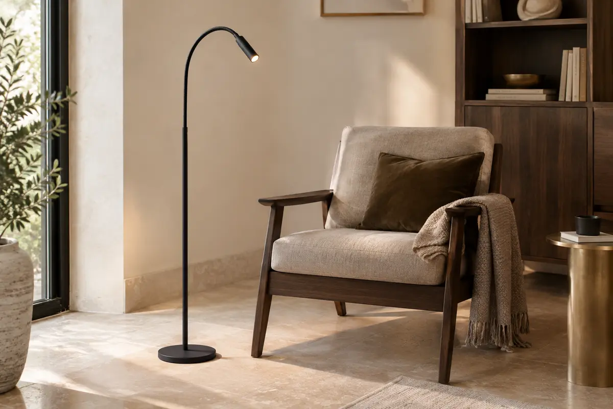 Liseuse LED noire à col flexible installée près d’un fauteuil dans un intérieur aux tons ivoire.