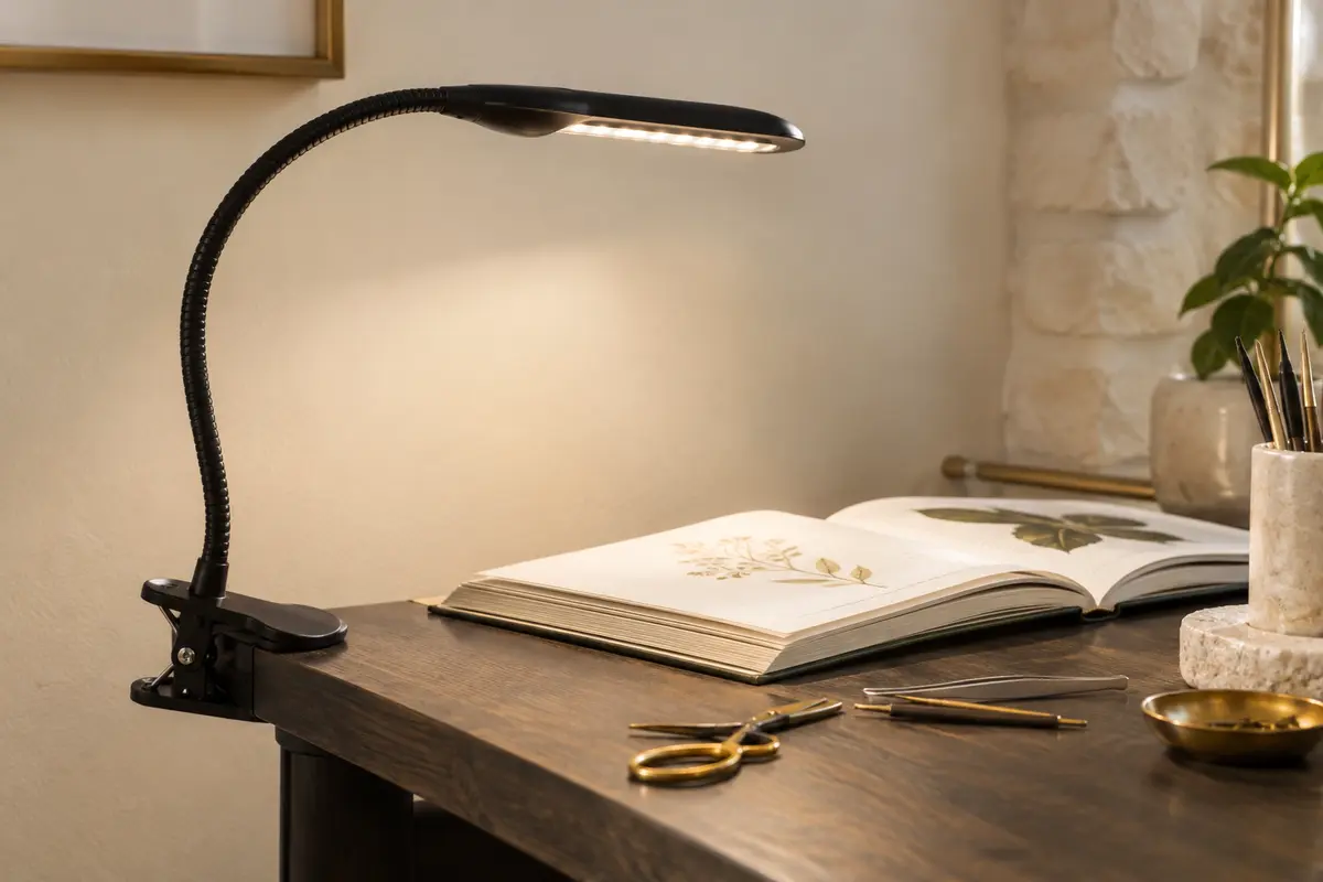 Lampe de bureau noire à pince, avec col de cygne flexible et tête LED allongée fixée à un bureau.