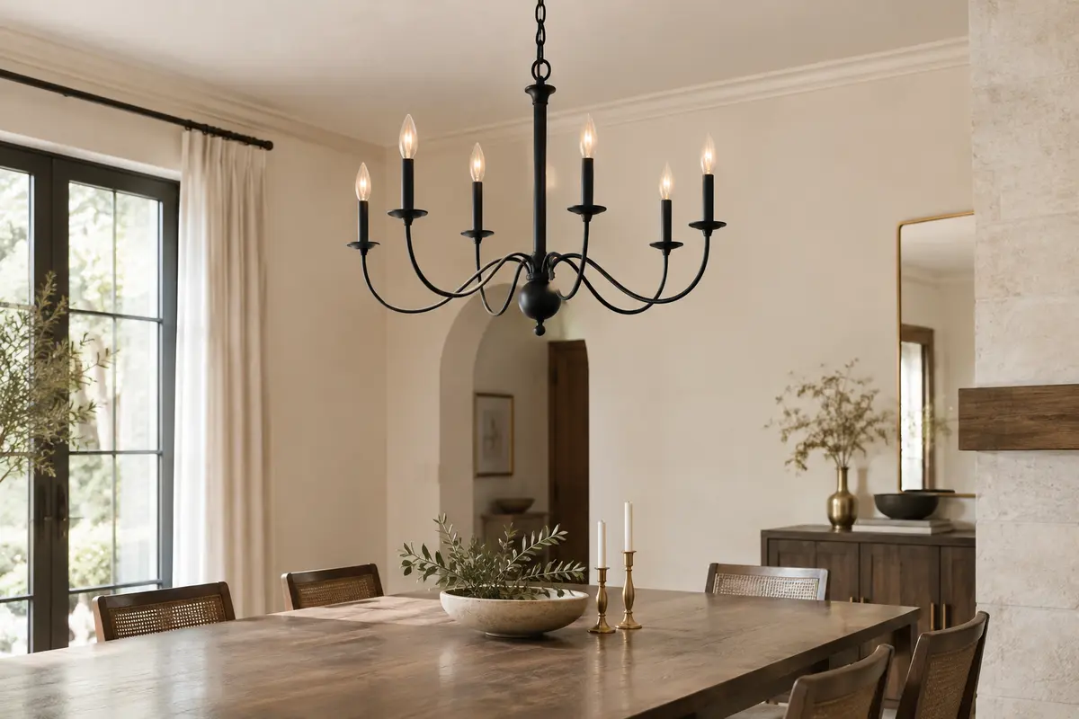 Lustre en fer noir à six bras courbés suspendu au-dessus d’une table dans un intérieur aux murs ivoire.