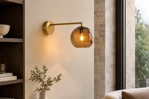 Applique murale à bras doré et globe en verre ambré installée sur un mur ivoire