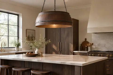 Suspension en bois brun de forme tonneau, suspendue au-dessus d’un îlot de cuisine