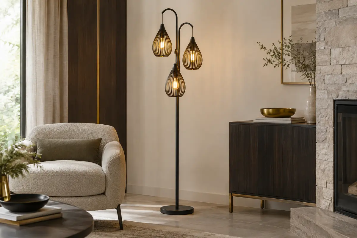 Lampadaire noir mat à trois ampoules dans des abat-jour cage ajourés, près d’un fauteuil de lecture.