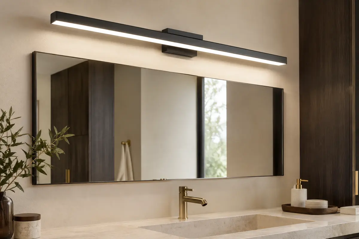 Applique LED noire installée au-dessus d’un miroir de salle de bain, dans un décor ivoire et pierre claire.