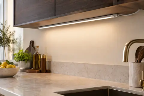 Réglette LED argentée et plate sous un meuble de cuisine, éclairant un plan de travail en blanc chaud