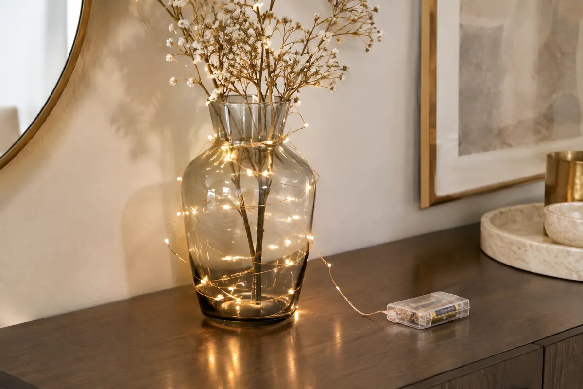 Guirlande LED blanc chaud sur fil cuivre flexible, disposée autour d’un vase en verre