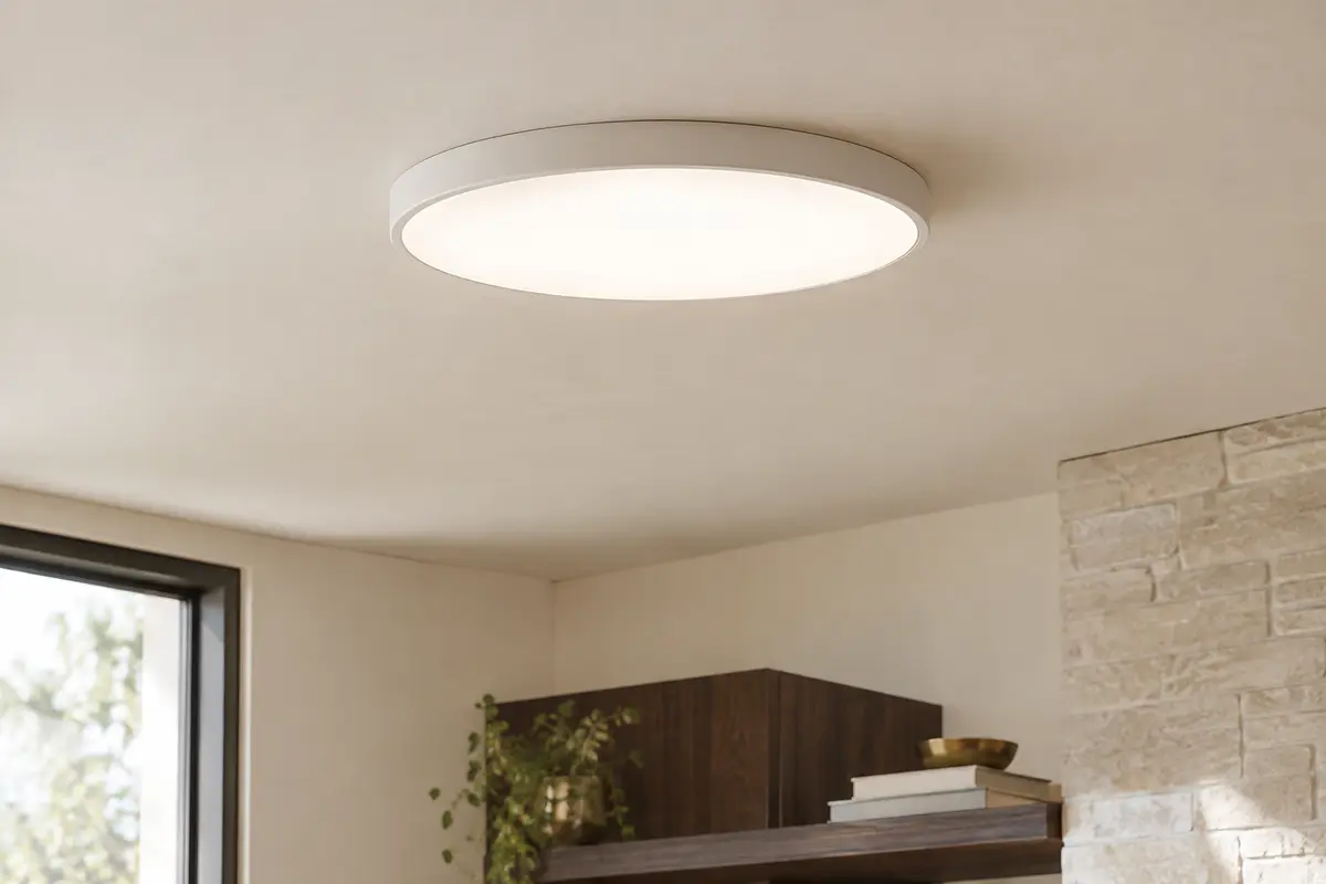 Plafonnier LED rond et plat Ouila diffusant une lumière blanc neutre dans un intérieur aux tons clairs.