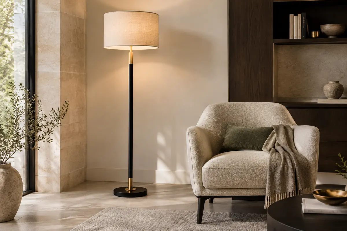 Lampadaire à structure noire et dorée avec abat-jour en lin diffusant une lumière douce près d’un fauteuil