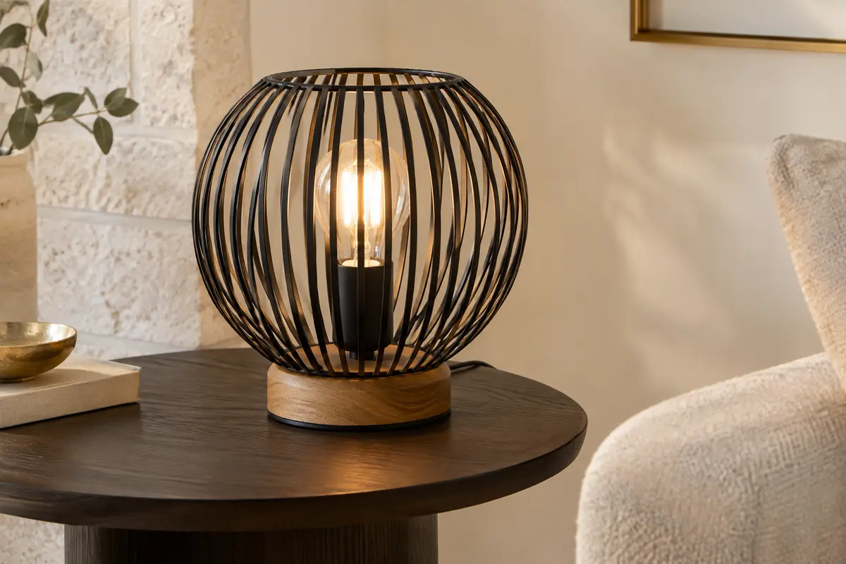 Lampe à poser avec cage ronde en métal noir et socle en bois, installée sur une table d’appoint.
