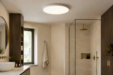 Plafonnier LED rond blanc et extra-plat installé au plafond d’une salle de bain claire.