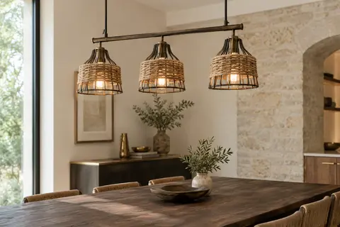 Suspension à trois cages en métal et corde tressée, alignées sur une barre au-dessus d’une table