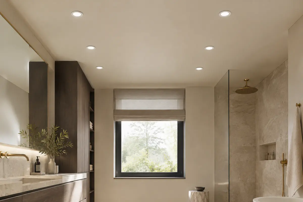Six spots LED encastrables blancs intégrés au plafond d’une salle de bain, diffusant une lumière neutre