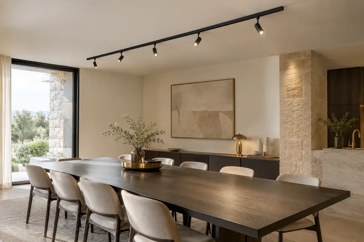 Rail de plafond noir de trois mètres avec cinq spots GU10 orientables au-dessus d’une table en bois