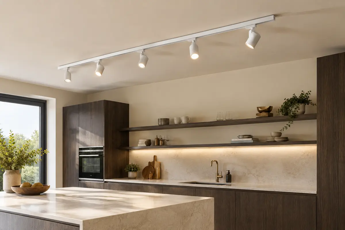 Rail de plafond blanc de 300 cm avec cinq spots orientables dans une cuisine lumineuse