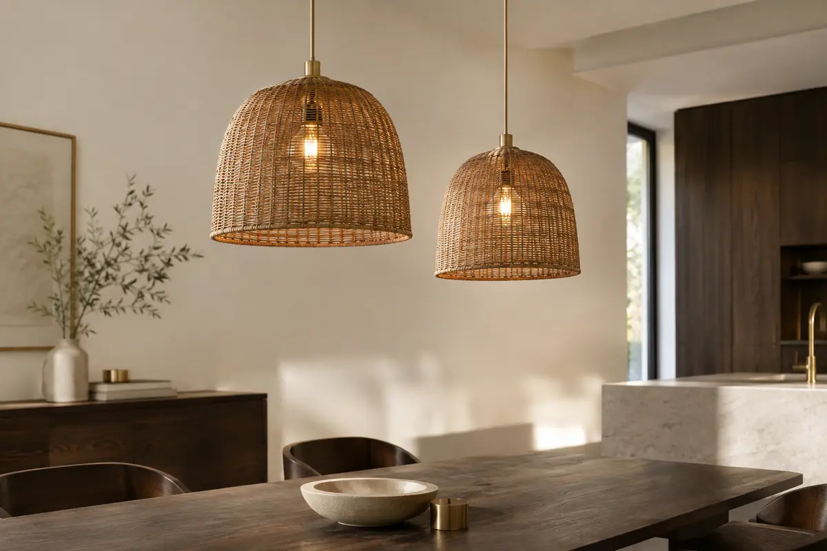 Deux suspensions rechargeables en rotin tissé, installées à différentes hauteurs dans un intérieur lumineux