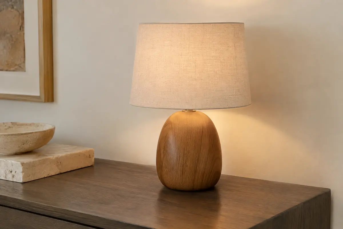 Lampe de table Luci avec base en céramique aspect bois et abat-jour en tissu beige
