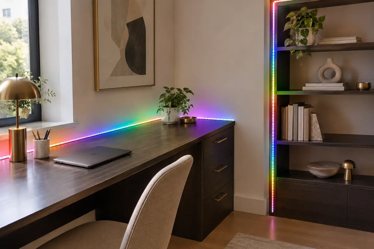 Ruban LED multicolore installé le long d’un bureau et d’une étagère dans une chambre