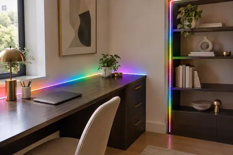 Ruban LED multicolore installé le long d’un bureau et d’une étagère dans une chambre
