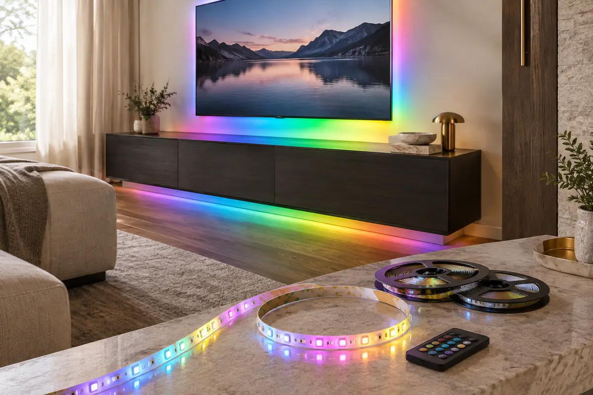 Ruban LED RGB installé derrière un écran, avec deux rouleaux et une télécommande sur un meuble