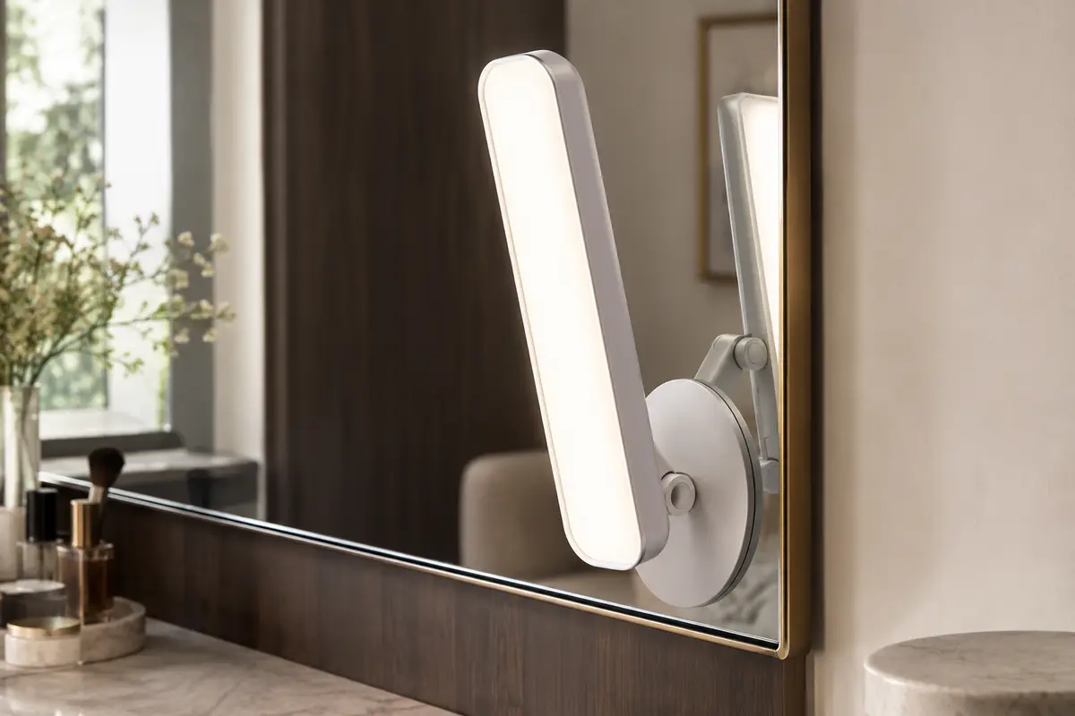 Lampe LED rechargeable fixée près d’un miroir de coiffeuse, avec support pivotant orientable.
