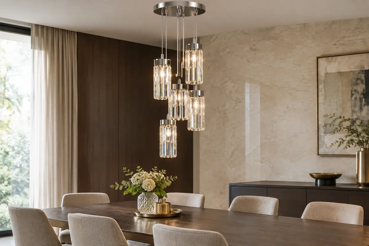 Lustre de plafond à cinq lumières avec éléments de cristal transparents en cascade et structure brillante.