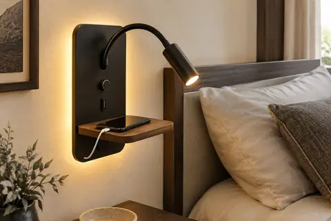 Applique murale noire avec liseuse flexible, tablette en bois et rétroéclairage près d’un lit