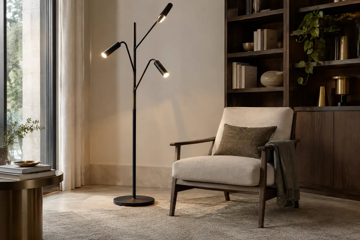 Lampadaire noir à trois têtes orientables près d’un fauteuil, diffusant une lumière douce dans un salon.