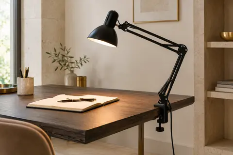 Lampe de bureau LED noire à pince, avec bras articulé orienté au-dessus d’un carnet sur un bureau