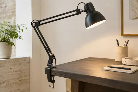 Lampe de bureau LED noire à pince articulée fixée au bord d’un bureau en bois