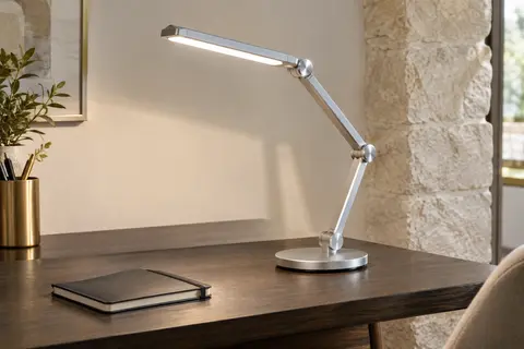 Lampe de bureau LED argentée à bras flexible, posée sur un bureau en bois fumé.