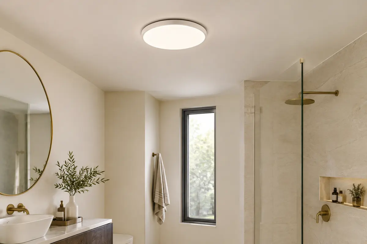 Plafonnier LED rond blanc et fin installé au plafond d’une salle de bain claire.