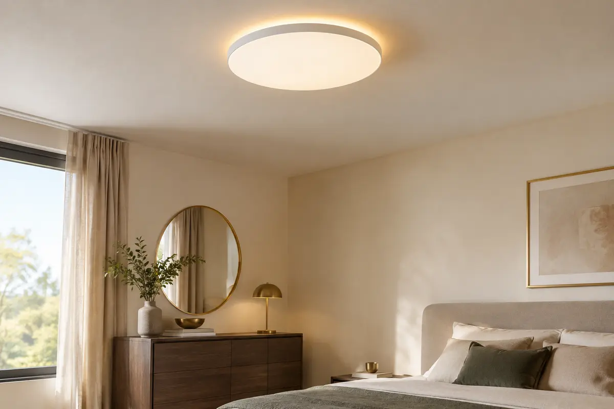 Plafonnier LED rond blanc au profil discret, avec rétroéclairage chaud dans une chambre aux tons ivoire.
